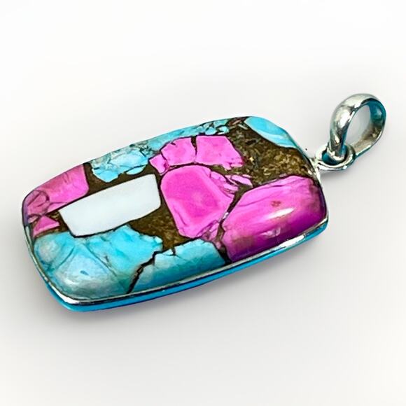 925 Sterling Silver COTTON CANDY Turquoise Cabochon Pendant Handmade Southwest - Picture 4 of 12